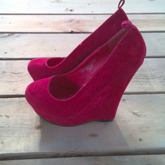 Shoes - Soft Red Velvet Platform Wedge Heels
